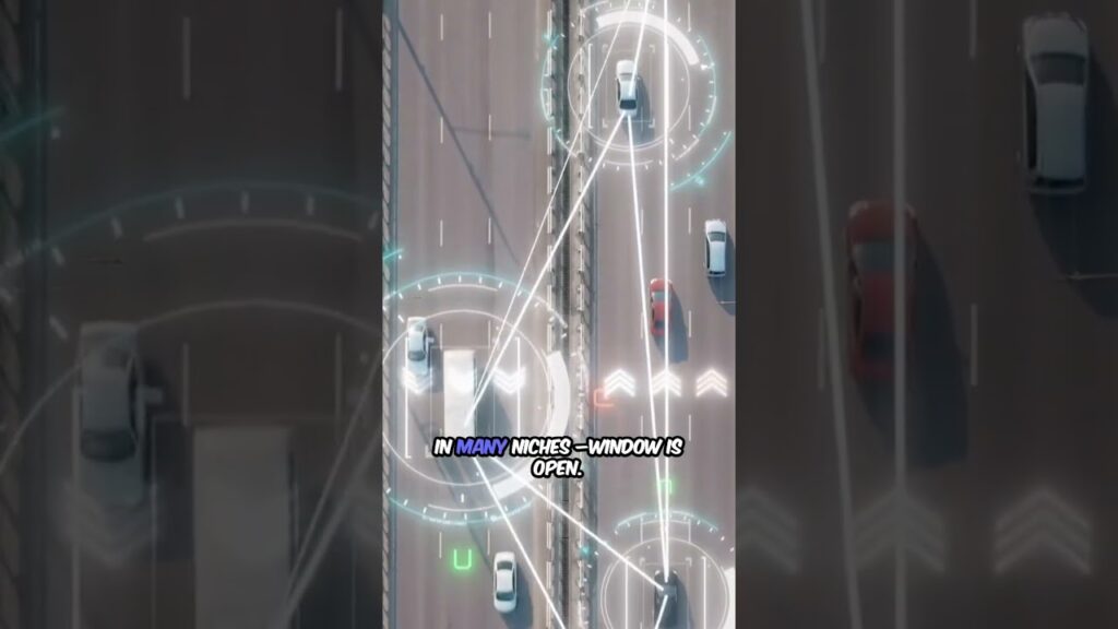 Aerial view of a busy roadway with vehicles and digital overlays indicating traffic patterns and navigation.